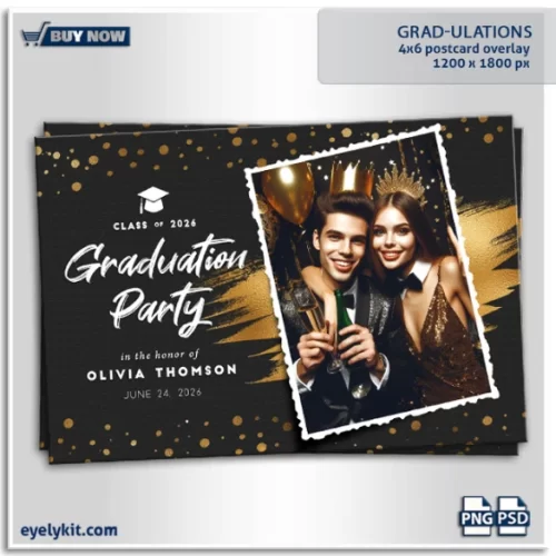 Sophisticated Graduation Photo Booth Template- This elegant Photoshop template is designed to honor graduates and elevate event photography. Featuring a dark grey background, shimmering gold polka dots, and a stunning splash of gold behind the photo placement, this overlay is perfect for capturing the excitement and achievement of the occasion.