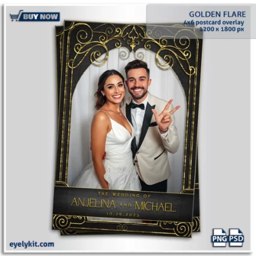 Golden Flare Overlay- a premium Photoshop template designed to add a touch of grandeur and sophistication to your photo booth images. Featuring a meticulously crafted gold deco frame set against a rich, textured black background, this overlay exudes elegance and timeless style. Perfect for weddings, gala nights, corporate events, and roaring ’20s-themed parties, the Golden Flare Overlay ensures your event visuals stand out with luxurious appeal.