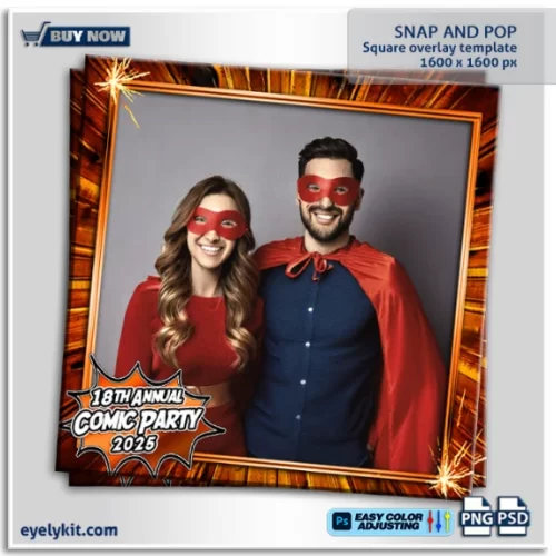 comic book theme overlay- a vibrant design inspired by the energy and excitement of classic comic books. With its bold red and orange comic blast background, this overlay is perfect for fun-filled gatherings, superhero parties, or any celebration that calls for a pop of personality and action-packed flair.